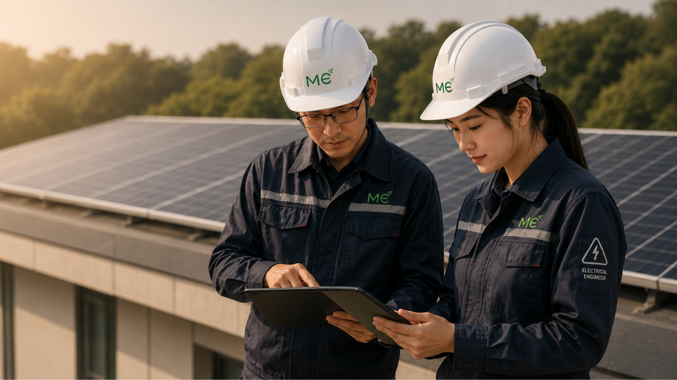 Two clean energy engineers pointing at a tablet reviewing solar array plans