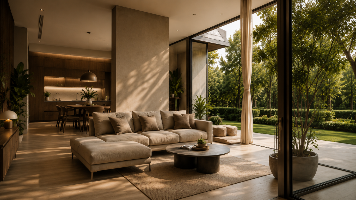 Modern living room looking out to a green garden